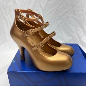 Vivienne Westwood Anglomania Melissa Collaboration Gold Three Strap Heels EU 38
